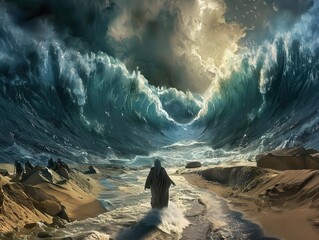 epic biblical scene moses parting the red sea dramatic lighting swirling waters mass exodus desert landscape divine intervention portrayed in cinematic style