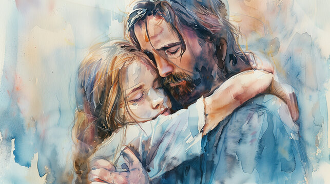 Artistic Portrait of Jesus Embracing a Young Girl in Watercolor Style
