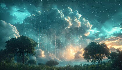 Fototapeta premium Paperless Paradise: Transitioning to Digital Documents, serene landscape where traditional paper documents are transforming into pixels and floating into a glowing digital cloud overhead