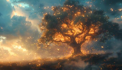 Paperless Paradise: Transitioning to Digital Documents, serene landscape where traditional paper documents are transforming into pixels and floating into a glowing digital cloud overhead