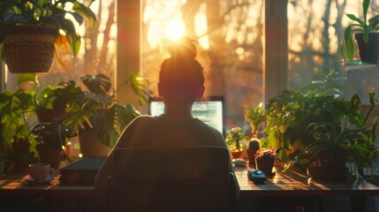 Obraz premium Cozy Home Office at Sunset: Woman Working on Laptop Surrounded by Indoor Plants and Warm Sunlight