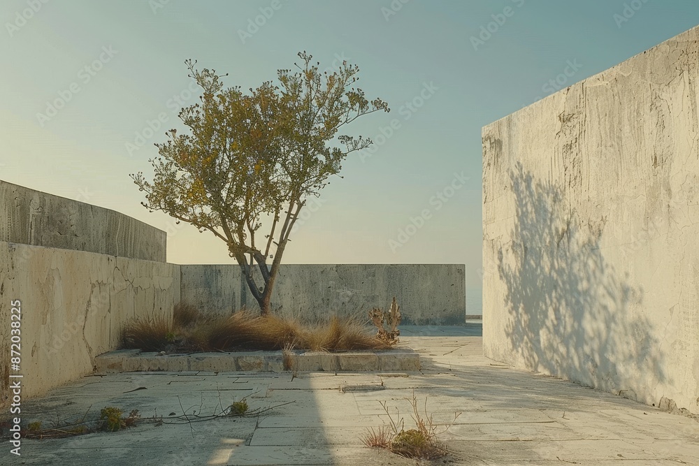 Poster lone tree in a minimalist courtyard symbolizing solitude and simplicity in a serene artistic setting