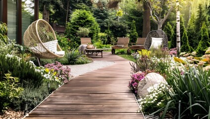 A modern garden with a small, dark blue wooden shed and light grey wooden flooring.