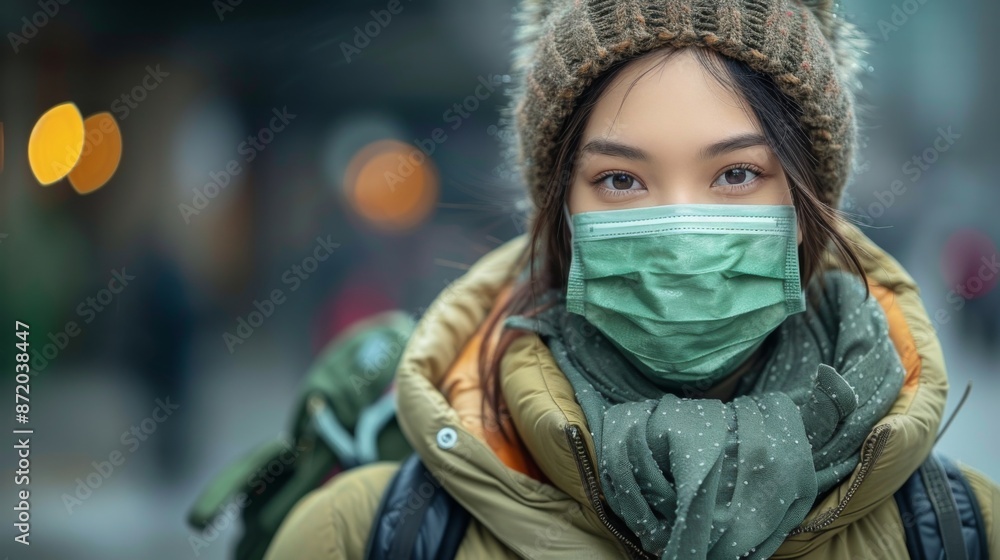 Poster hotel check-in illustrate guests wearing masks while checking into a hotel lobby or waiting in line 