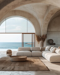 An interior view of a living room with a house pool next to the ocean, inspired by tropical architecture. The frontal view features a bright and airy atmosphere.
