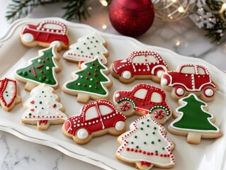 Obraz premium festive tray of artfully decorated christmas cookies featuring car and tree shapes in red green and white royal icing arranged to showcase intricate designs and holiday spirit