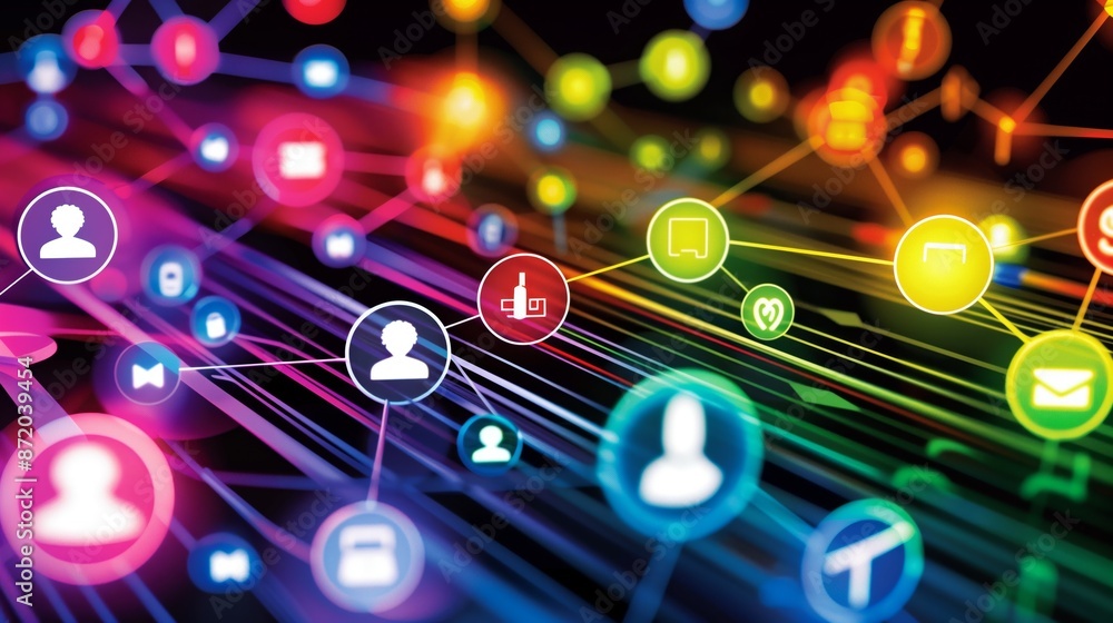 Poster A colorful and abstract image representing a network of interconnected icons, symbolizing the interconnected nature of the digital world.