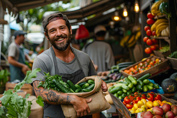 Smiling vendor holding fresh vegetables at a bustling outdoor market, surrounded by colorful produce and customers.