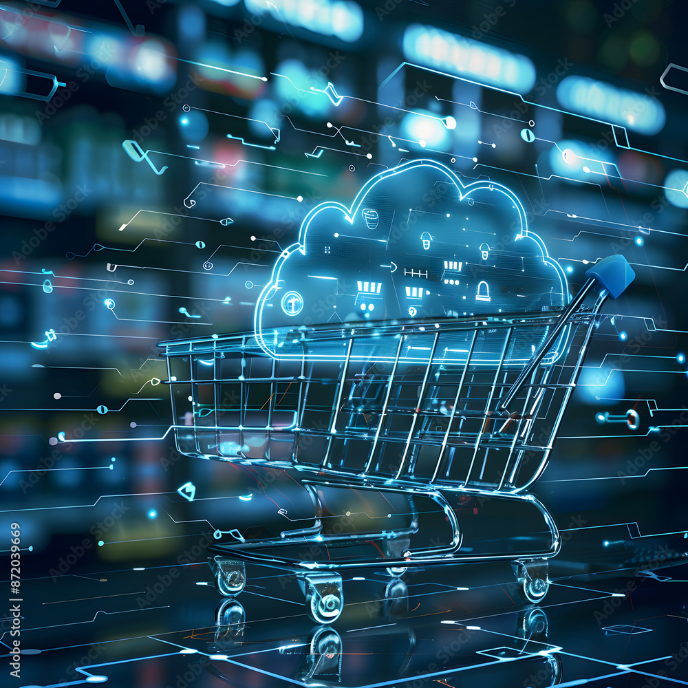 Fototapete cloud computing for e-commerce, the use of cloud computing in e-commerce with an image showing onlin