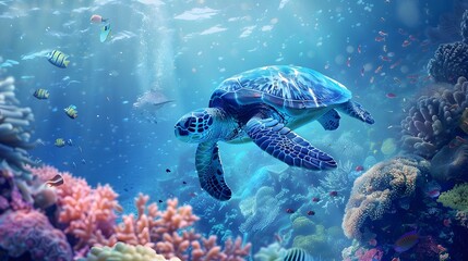 Fototapeta premium Underwater animal swimming in deep blue sea tropical reef beauty.