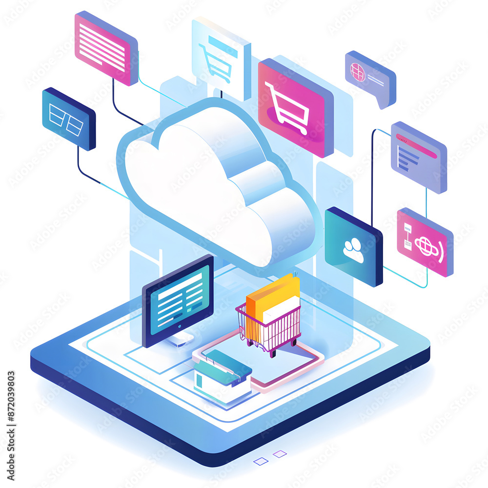 Poster cloud computing for e-commerce, the use of cloud computing in e-commerce with an image showing onlin