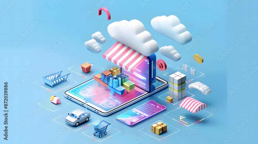 Fototapete cloud computing for e-commerce, the use of cloud computing in e-commerce with an image showing onlin
