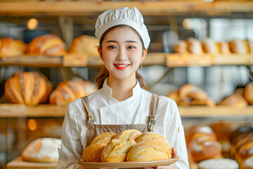 Smiling baker holding freshly baked bread in a bakery with a variety of bread loaves in the background.