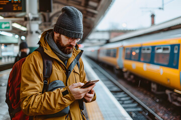 Man in winter clothes waiting at a train station, using his smartphone. A yellow train is arriving in the background.