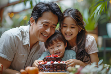 Happy family celebrating a child's birthday with cake, smiling and enjoying a special moment together outdoors.