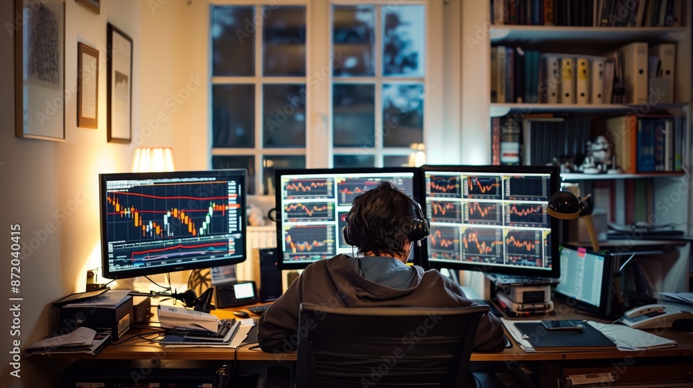 Poster a person works at their home office, focused on multiple computer monitors displaying stock market c