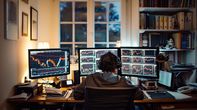 A person works at their home office, focused on multiple computer monitors displaying stock market charts.