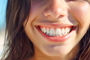 Obraz premium Close-up of a young woman's bright smile with perfect white teeth, exuding happiness and positive energy.