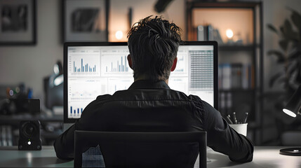Back view of person analyzing data on computer screen, working late in an office setting with charts and graphs displayed.
