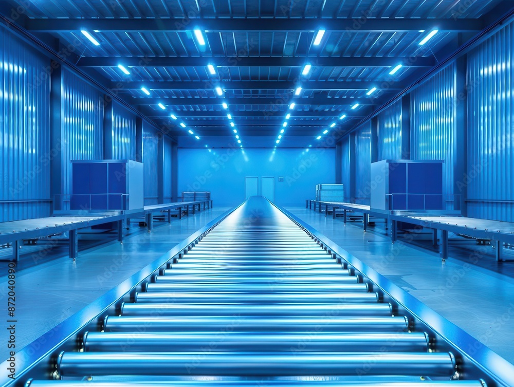 Poster hightech warehouse interior with automated conveyor belt system efficient operations rows of package