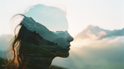 Double Exposure of a Woman's Profile Merged with a Scenic Mountain Landscape for Surreal Visual Art