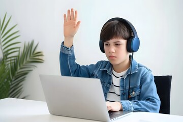 Young boy with headphones raising hand while using laptop for online learning or virtual class at home.