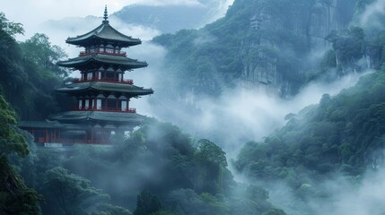 Tranquil japanese temple in misty mountain landscape, a picturesque fantasy setting