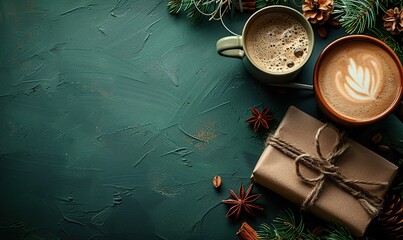 fathers day concept, glasses coffee, gift on a green background ideal for greeting cards or ads.stock image