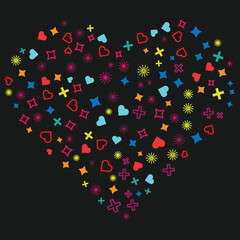 colorful heart, star and polygon shape with outline shape and a black background