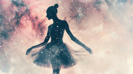 ballerina ballet dancer silhouette full body portrait, dreamy banner copy space, beauty fashion style, double exposure with starry galaxy with Milky Way view
