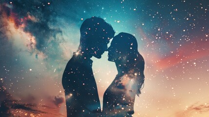 Obraz premium couple silhouette man and woman before kissing, dreamy, beauty fashion style, double exposure with starry galaxy horizontal banner with copy space
