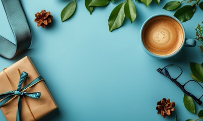 blue flat lay, gifts, coffee a vibrant image featuring a coffee cup wrapped presents tie, glasses ideal for blogs articles, marketing materials about fathers day celebration.image