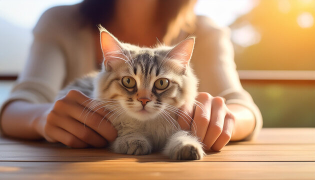 Young woman wears warm sweater resting with tabby cat on sofa at home one autumn day. Indoor shot of amazing lady holding ginger pet. Morning sleep time at home. Soft focus