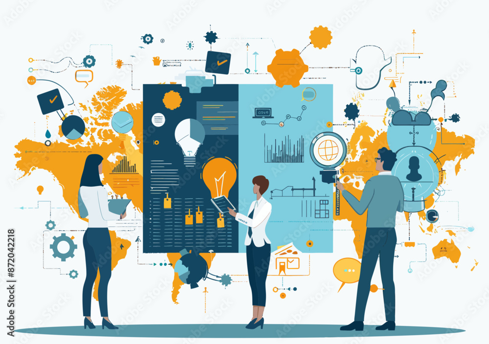 Poster collaborative business planning vector illustration — team creating a project with global data visua