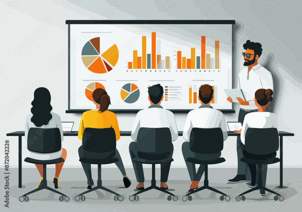 Poster business presentation with charts and graphs to large group in modern office setting for strategic p