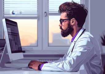 Fototapeta premium Online Doctor Consultation, Healthcare Professional in Modern Office Using Computer, Digital Medical Services, Remote Health Advice, Telemedicine, Minimalistic Vector Illustration