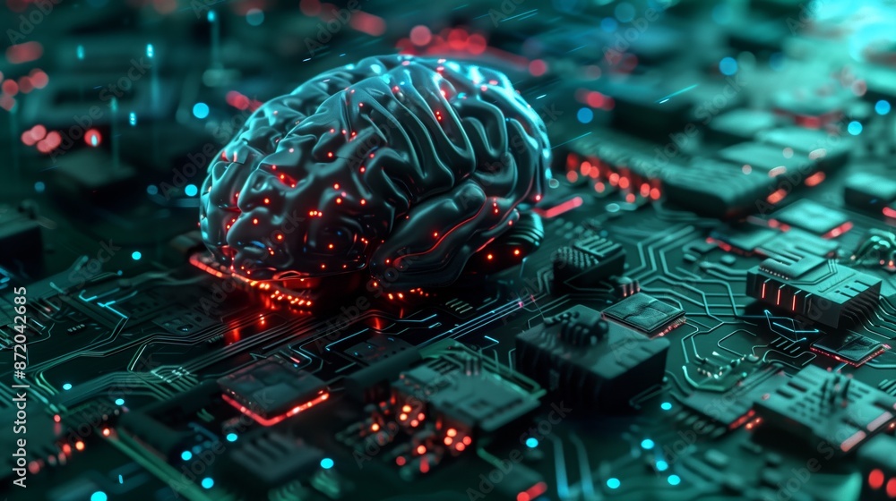 Fototapete a 3d rendering of a brain on a circuit board. the brain is glowing red, and the circuit board is lit