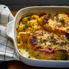 A dish with potatoes and cheese in it.