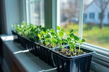 Fototapeta premium Growing sprout near window in the apartment, plants indoors in a garden greenhouse.