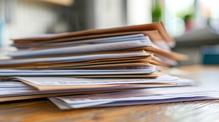 Stack of Paperwork on Wooden Desk.
