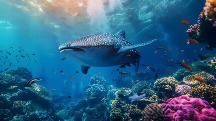 Underwater animal swimming in deep blue sea tropical reef beauty.