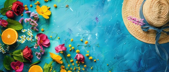 Cool detailed colorful summer background, top view, high quality, without artifacts, clear focus, in detail, best composition, hd, wallpaper, photo, for cover album for big sale