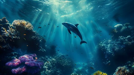 Fototapeta premium Underwater animal swimming in deep blue sea tropical reef beauty.