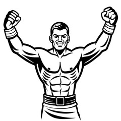 Cartoon illustration of a muscular superfighter with arms raised in triumph