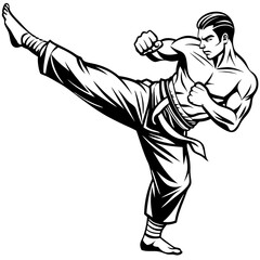 Black silhouette of a young karate student in a dynamic pose, perfect for a martial arts vector illustration