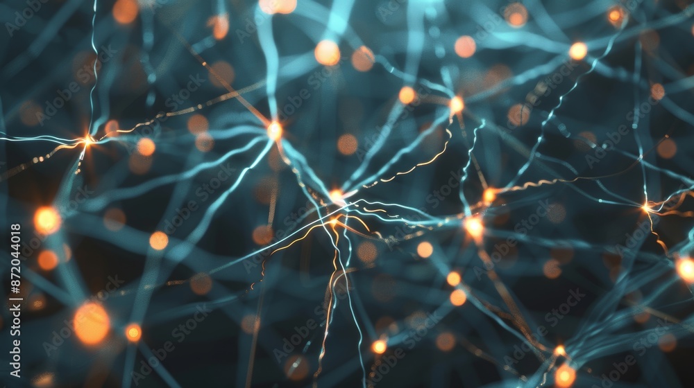 Poster 3d rendered image of interconnected neurons with electrical pulses illustrating medical and healthca