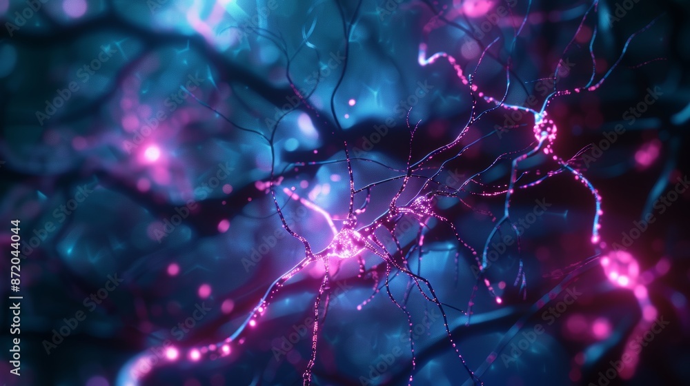 Poster 3d rendered image of interconnected neurons with electrical pulses illustrating medical and healthca