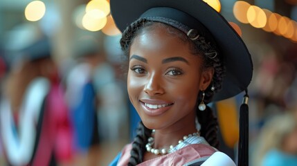 A student wearing a graduation gown and hat, holding a roll of white graduation paper and smiling warmly, with a softly lit background and empty space for text.