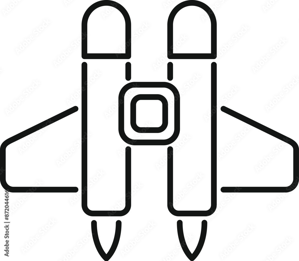Poster simple black and white icon of a spaceship taking off using two rocket engines