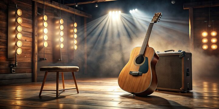 A classic acoustic guitar leans against a rustic wooden amp surrounded by scattered sheet music and dimly lit stage spotlights in a cozy empty concert venue.